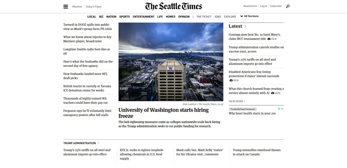 Home page of The Seattle Times, a US newspaper