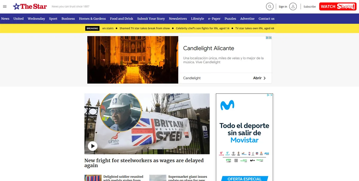 Home page of The Star, a UK newspaper