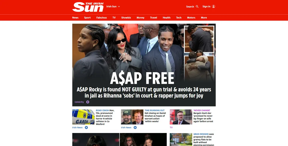 Home page of The Sun Ireland, an Irish newspaper