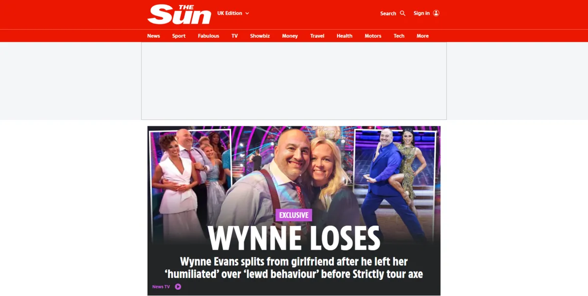 Home page of The Sun, a UK newspaper