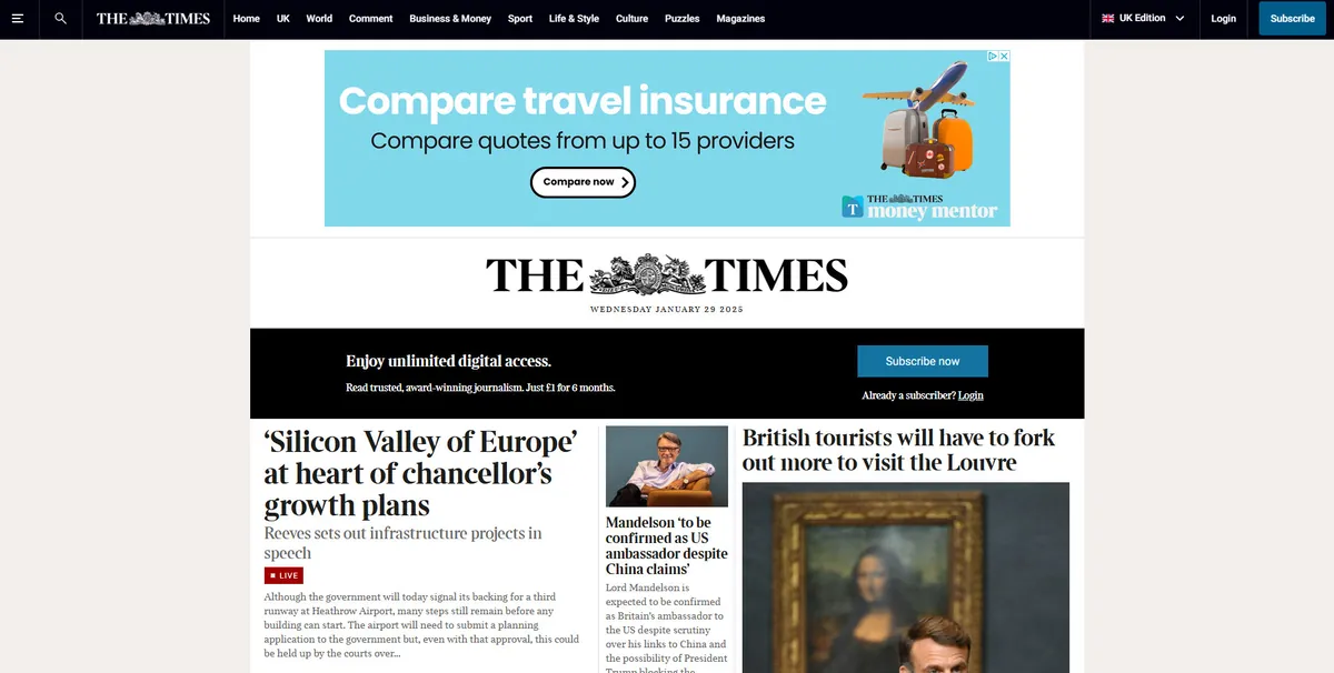 Home page of The Times, a UK newspaper