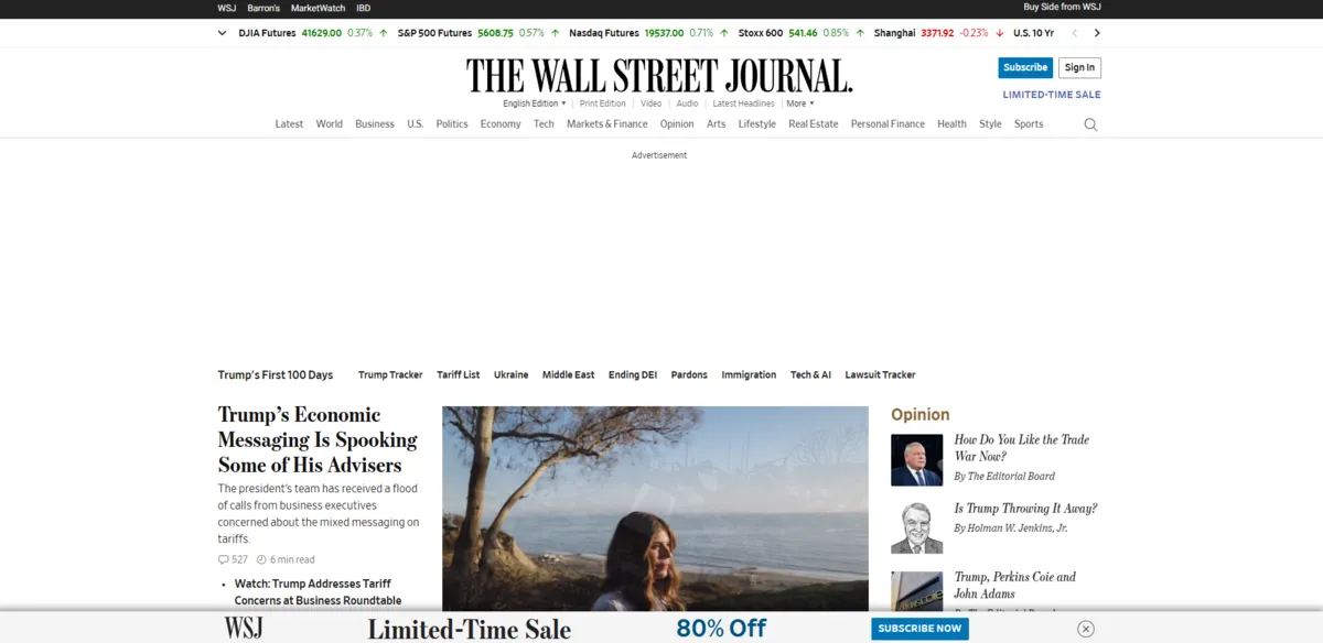 Home page of The Wall Street Journal, a US newspaper