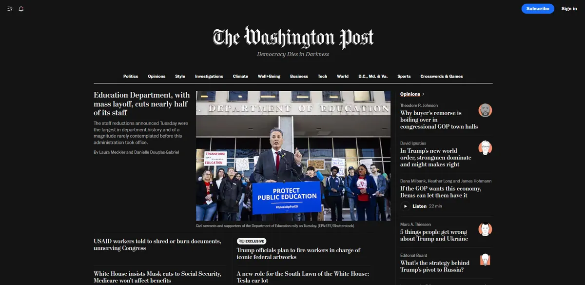 Home page of The Washington Post, a US newspaper