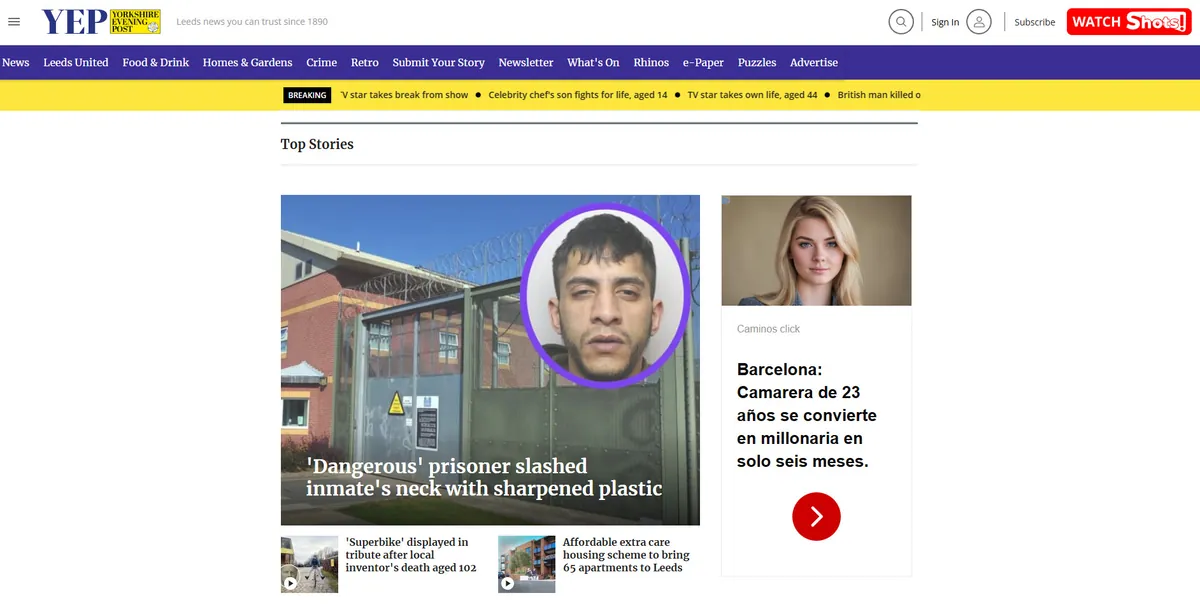 Home page of The Yorkshire Evening Post, a UK newspaper