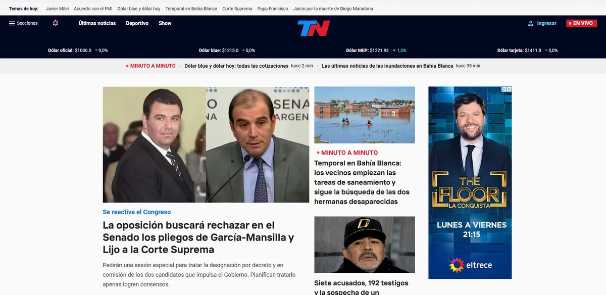 Home page of TN (Todo Noticias), an Argentine newspaper
