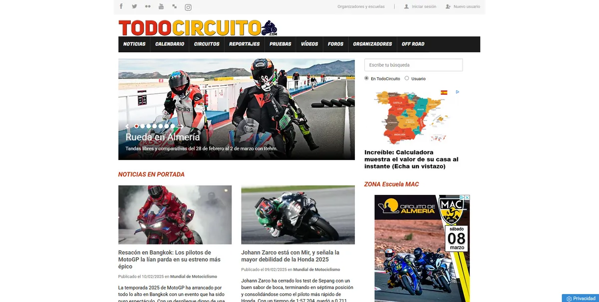 Home page of TodoCircuito, a Spanish motorcycle site