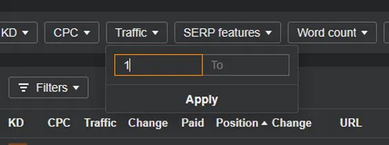 Ahrefs Organic Keywords traffic filter set to a minimum of 1