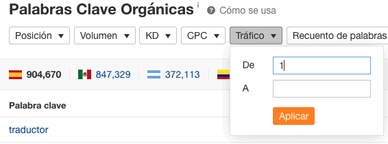 Filtro de tráfico mínimo de 1 en Palabras clave orgánicas de Ahrefs