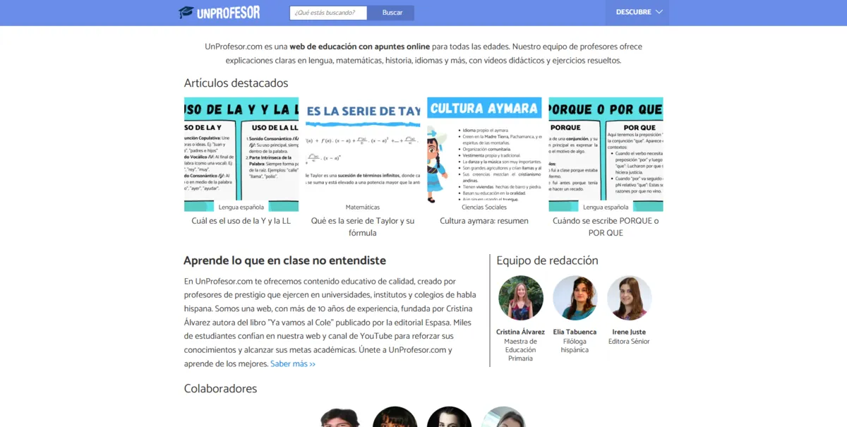 Home page of UnProfesor, a Spanish education site