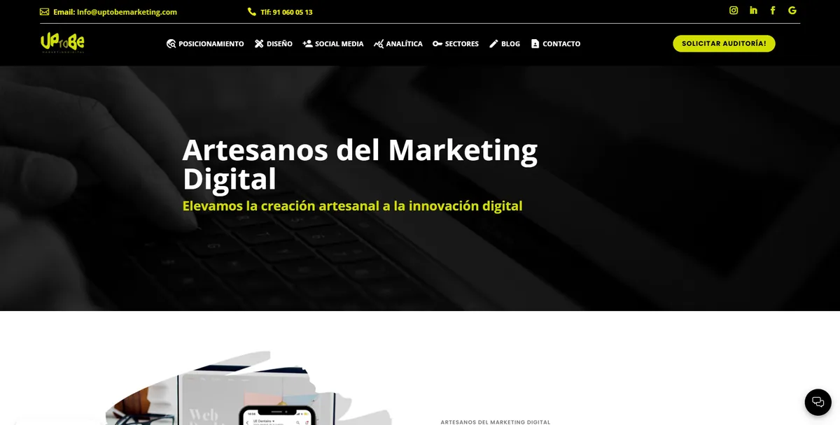 Home page of UpToBe, a digital marketing agency in Madrid