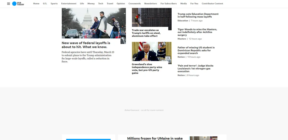 Home page of USA Today, a US newspaper