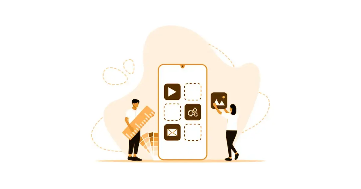 Two people placing video, image and email icons on a smartphone, social media