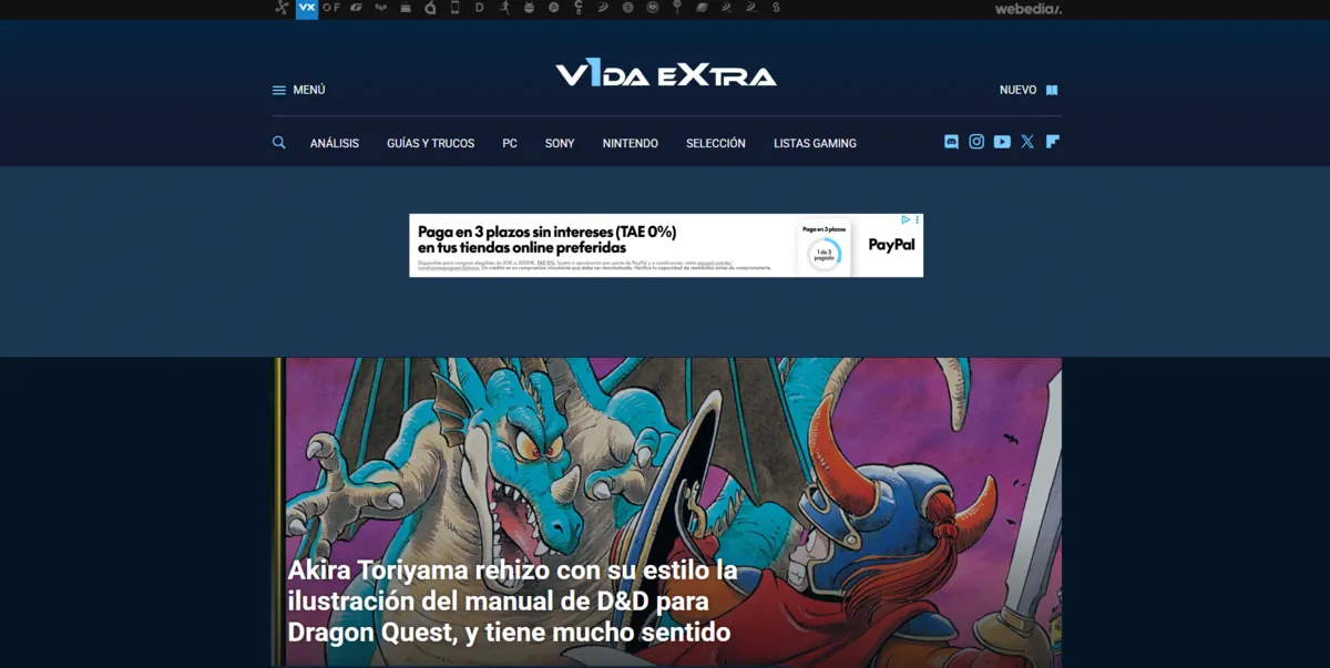 Home page of VidaExtra, a Spanish video game site