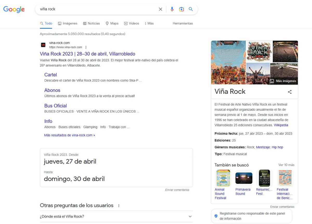 Google results for 'viña rock' with knowledge panel, event dates and FAQs
