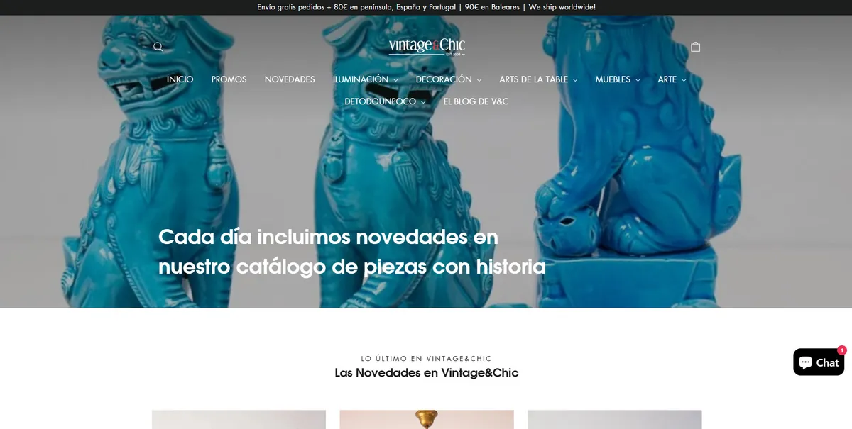 Home page of Vintage and Chic, a Spanish home decor site