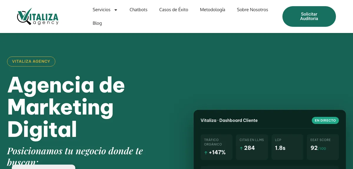 Página de inicio de Vitaliza Agency, agencia de marketing digital de Málaga