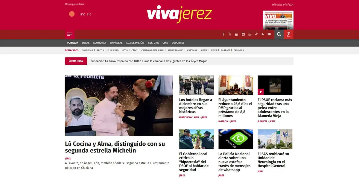 Home page of Viva Jerez, a newspaper in Cádiz