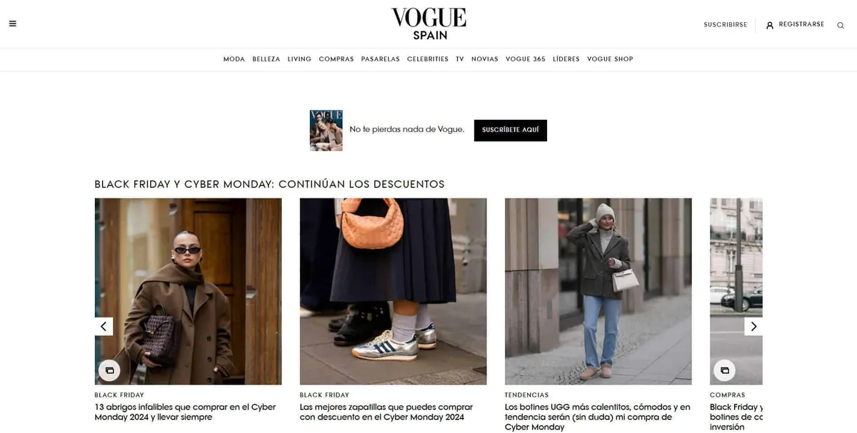 Home page of Vogue, a Spanish fashion magazine