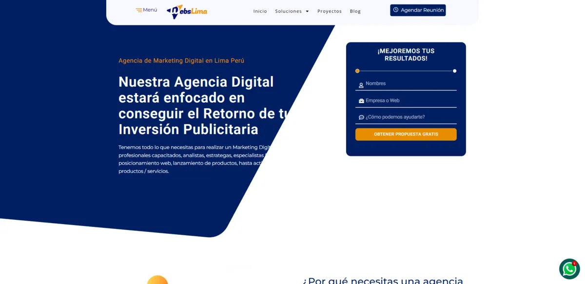 Home page of Webs Lima, an SEO agency in Peru