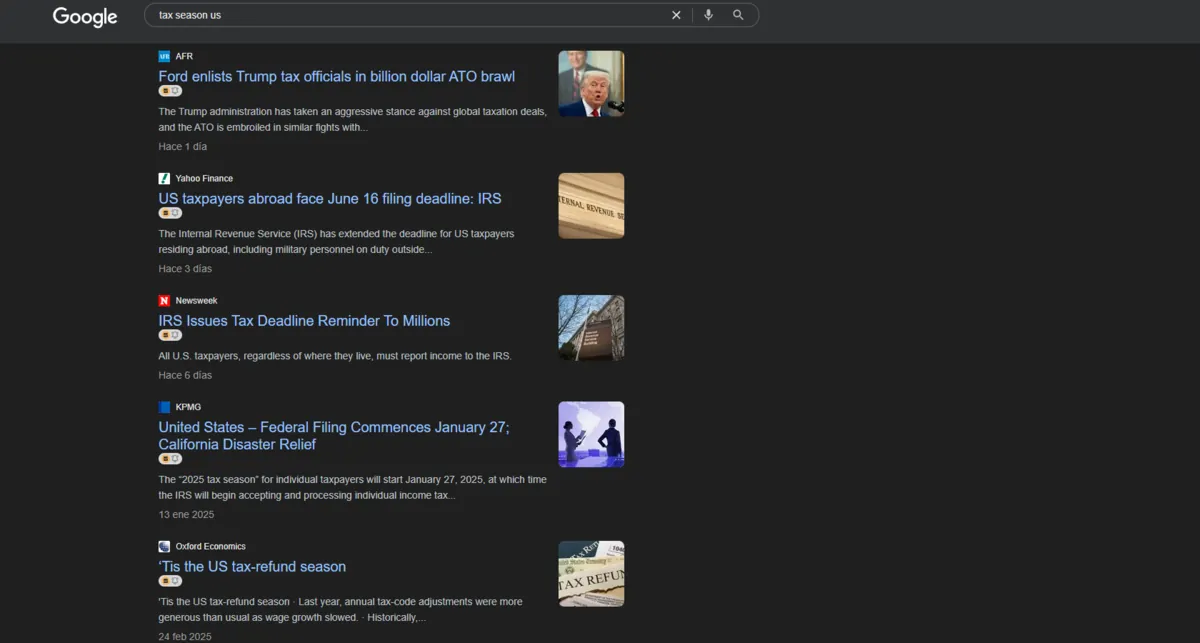 Google results for 'tax season us' with news from Yahoo Finance, Newsweek and KPMG