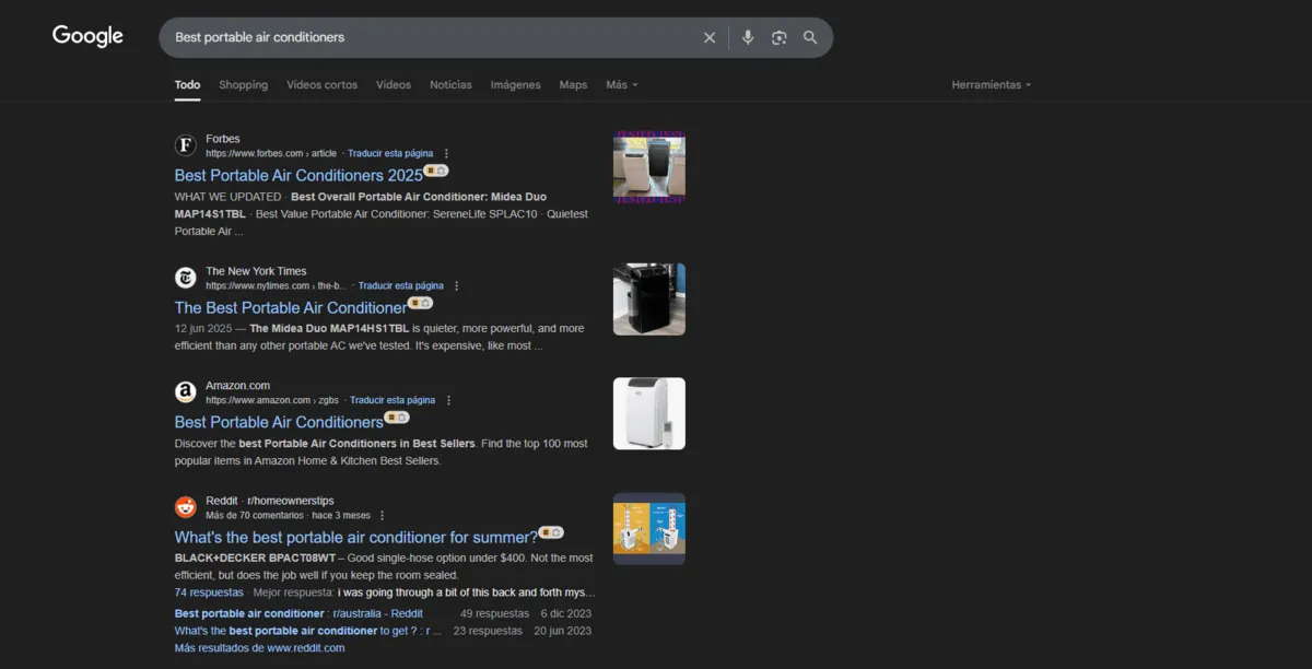 Google results for 'Best portable air conditioners' led by Forbes and The New York Times