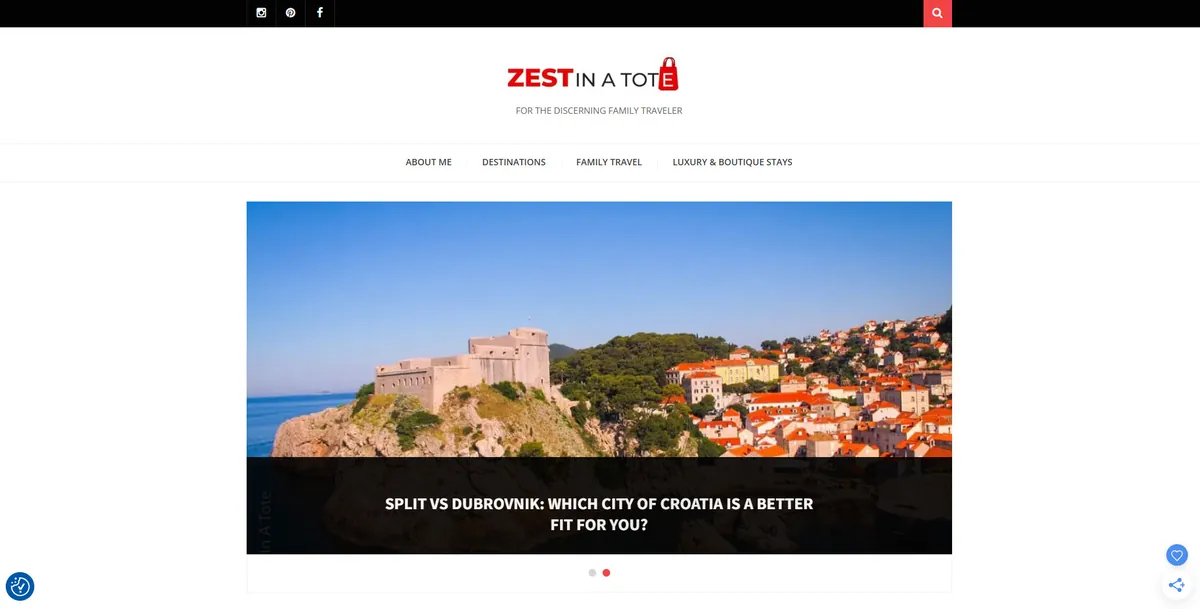 Home page of Zest In A Tote, a US travel site