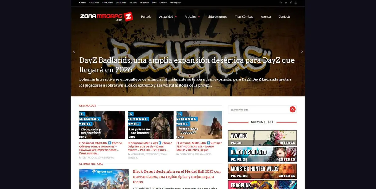 Home page of Zona MMORPG, a Spanish video game site