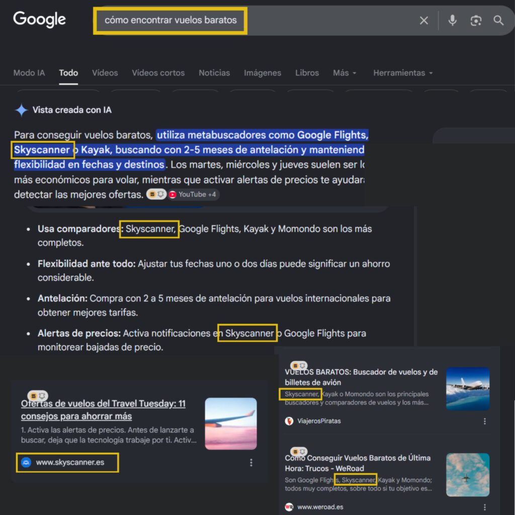 Resultados de la SERP donde Skyscanner aparece referenciada